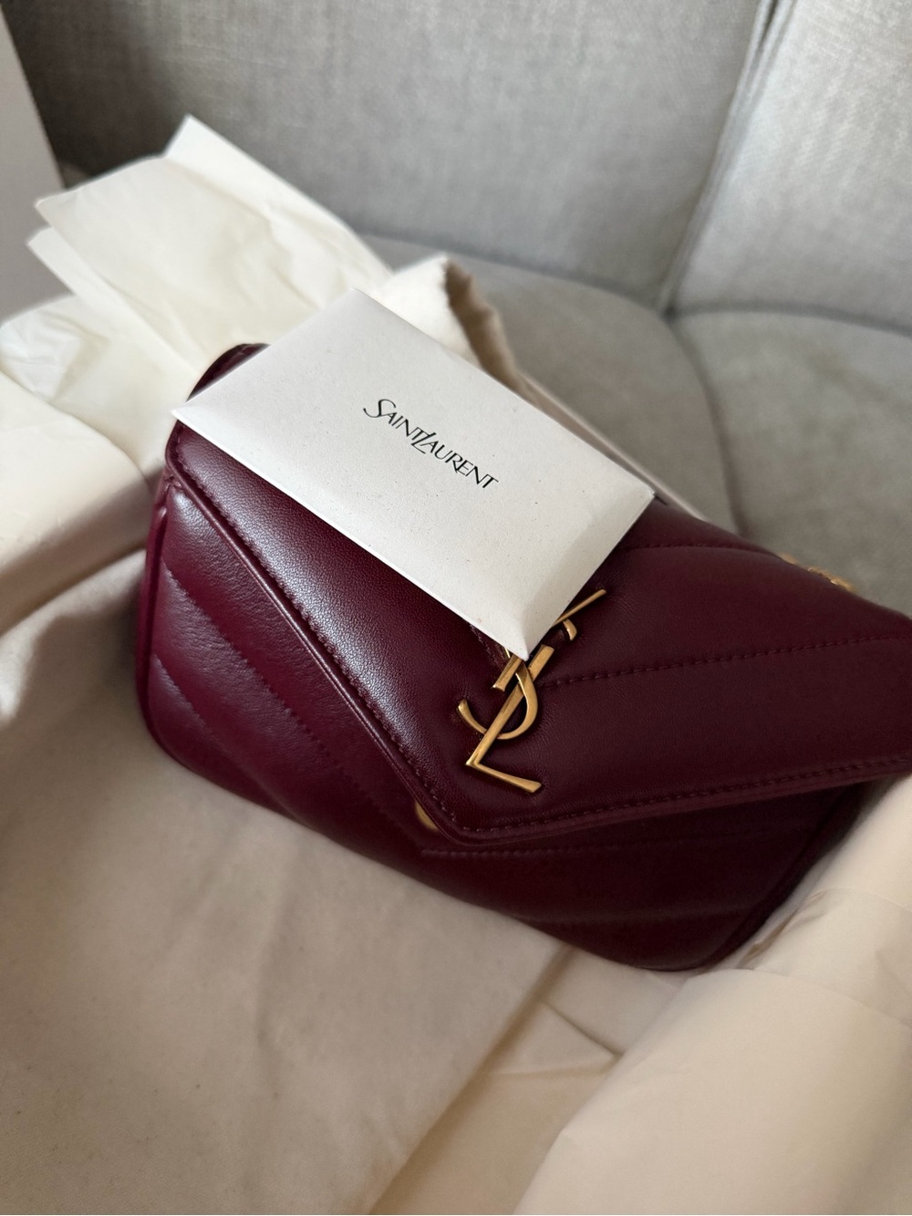 Saint Laurent Deep Burgundy Quilted Leather Shoulder Bag with Gold Logo - Picture 5 of 8